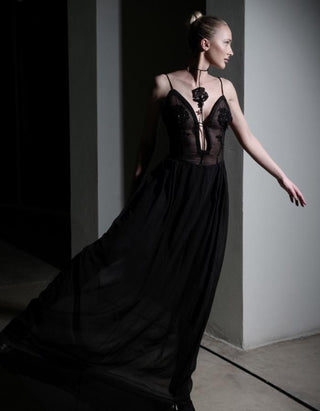 Harmony Couture Long Sheer Dress w/ Tie-up Neck Detailing