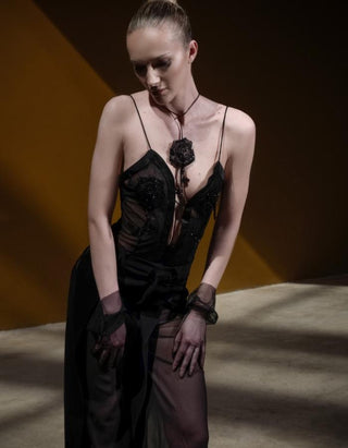 Harmony Couture Sheer Embroidered Top w/ Tie-up Neck Detailing