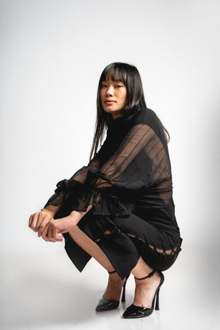 Harmony Couture Criss Cross Dress w/ Sheer Wing Sleeves