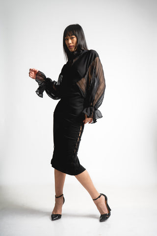 Harmony Couture Criss Cross Dress w/ Sheer Wing Sleeves