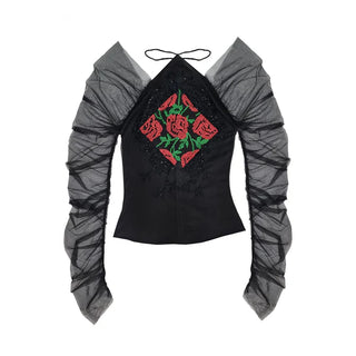 Rose Embroidered Crystal Beaded Sheer Top