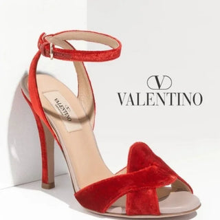 Vintage Valentino Garavani Red Velvet Strappy Heels (owned by Linda Fargo)