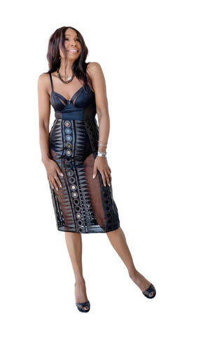 Vintage Sheer Pencil Skirt with Black Leather & Mirror Details